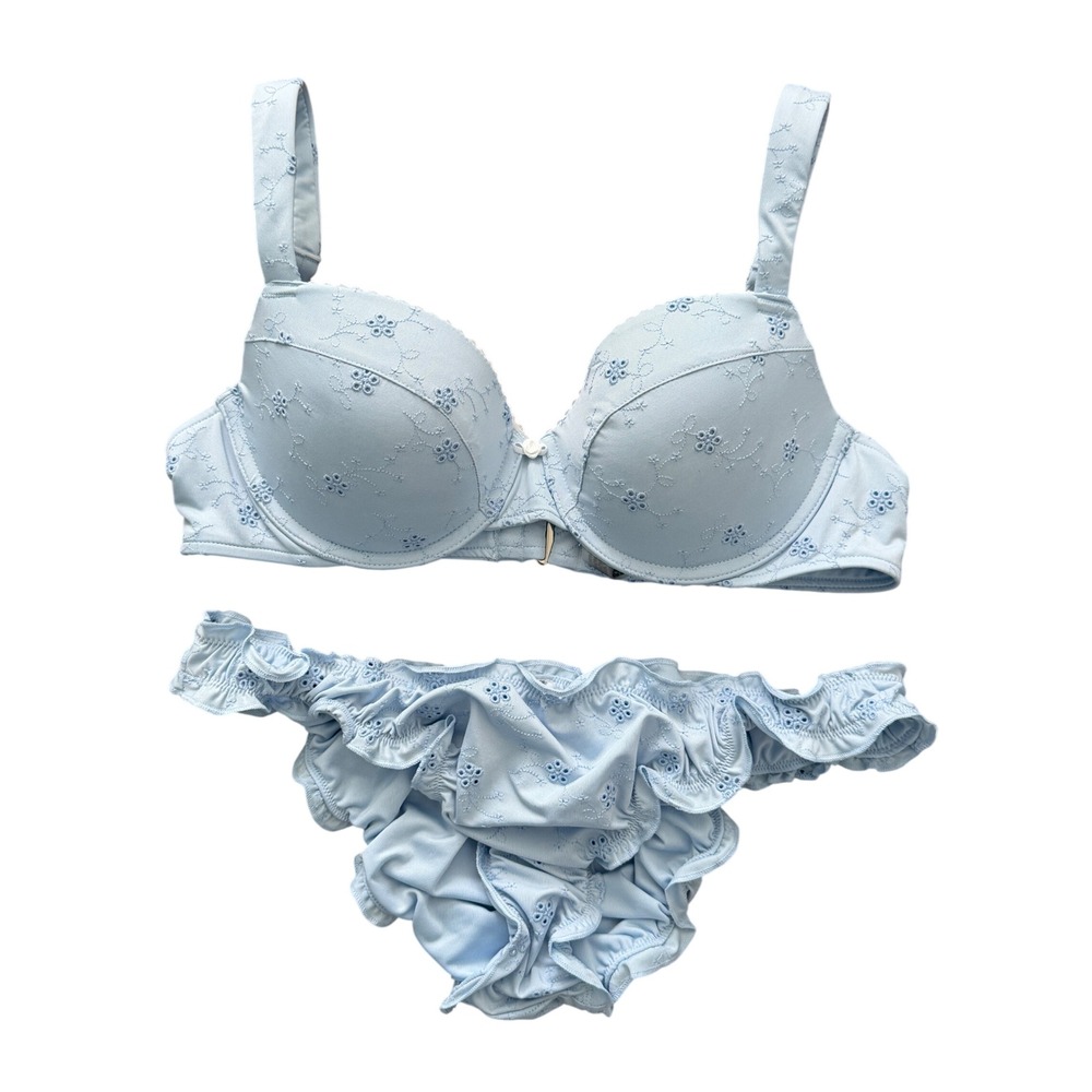 Victoria's Secret PINK x Frankies Bikinis Blue Eyelet Ruffle Bikini Set M Beach